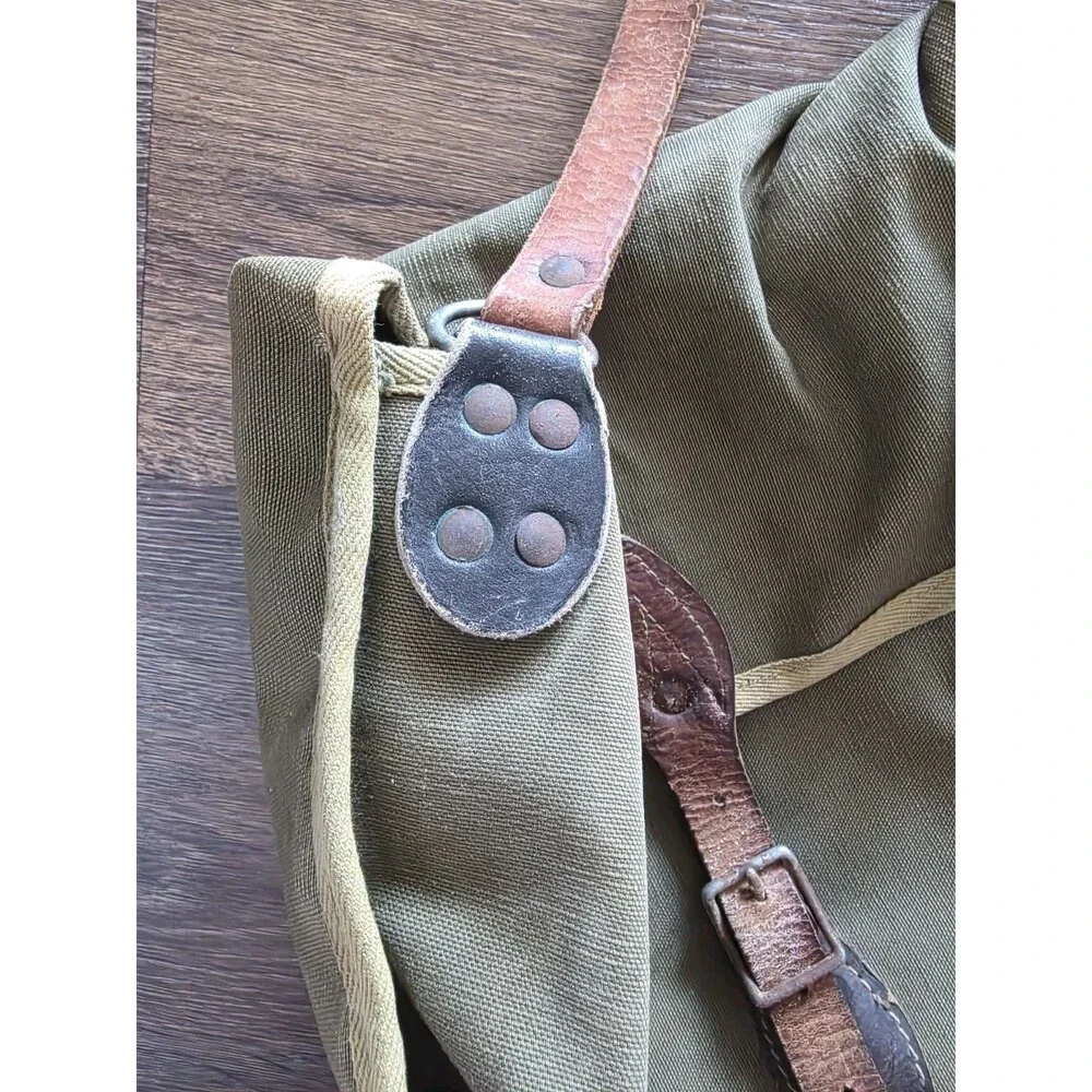 Vintage Military Green Army Canvas Messenger Tote Bag Leather Strap Buckle READ